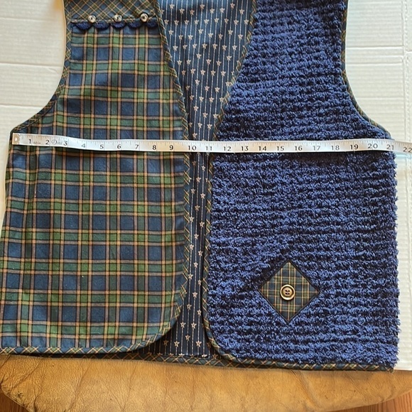 Handmade -Large-blue green plaid, blue terry cloth, buttons, unisex ,vest - Picture 7 of 9